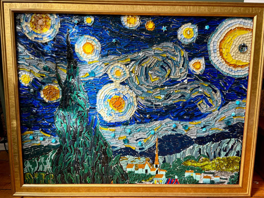 "Starry Night", Mosaïque inspirée de la Nuit Etoilée de Van Gogh, en verre Albertini